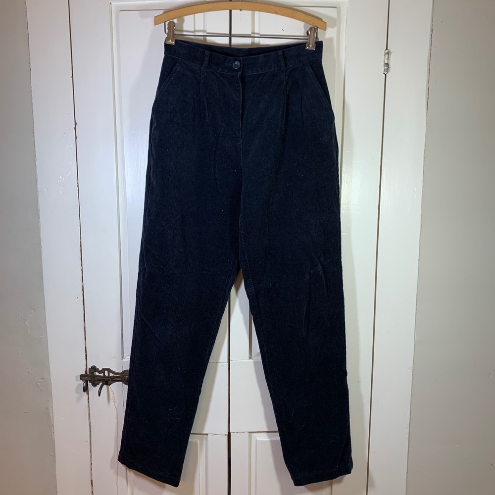 LL Bean Womens 8 Tall Navy Blue Corduroy Pants Pleated High Rise‎ Tapered 229656